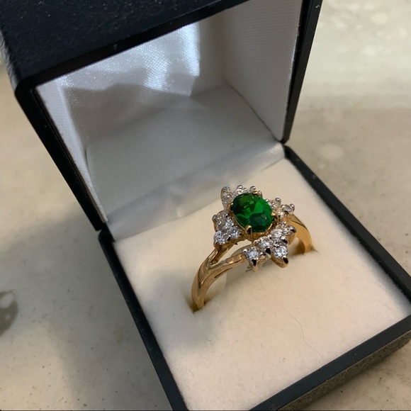 SYN EMERALD CLUSTER CZ GOLD PL RING SZ 10 14KT - Picture 16 of 16